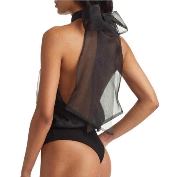 VICI Collection Bodysuit Sz XS Black Organza Halter Backless Tie-Neck Thong - Picture 2 of 12